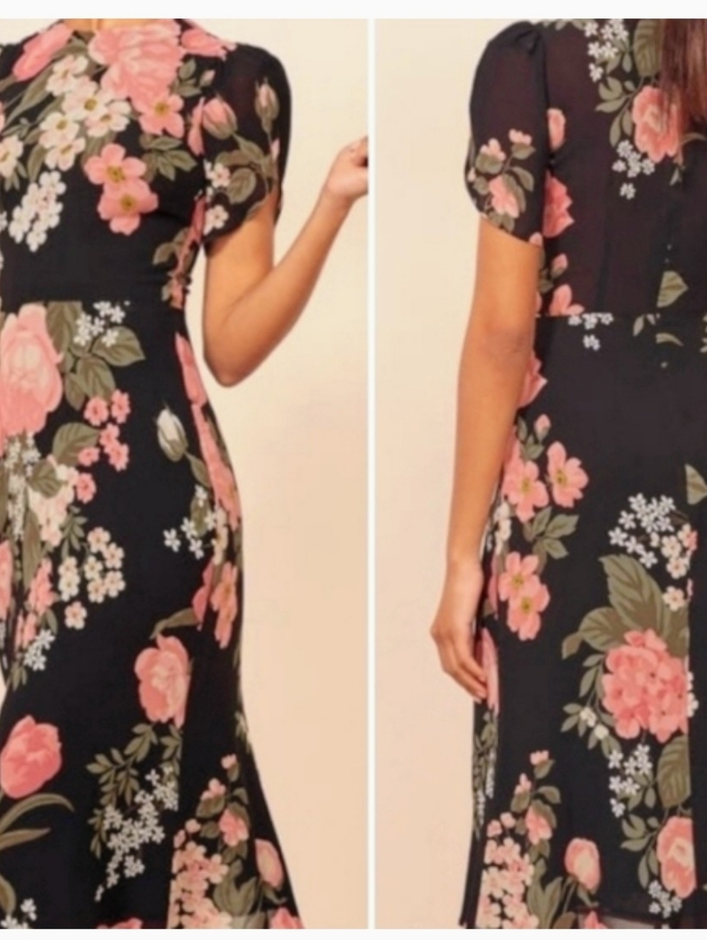 Reformation Black Dress with Peach & White Floral Print Mint Like New